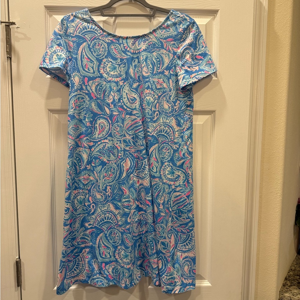 Lilly Pulitzer 100% Cotton Blue Paisley Short-Sleeve Midi Dress w/ Pink Accents